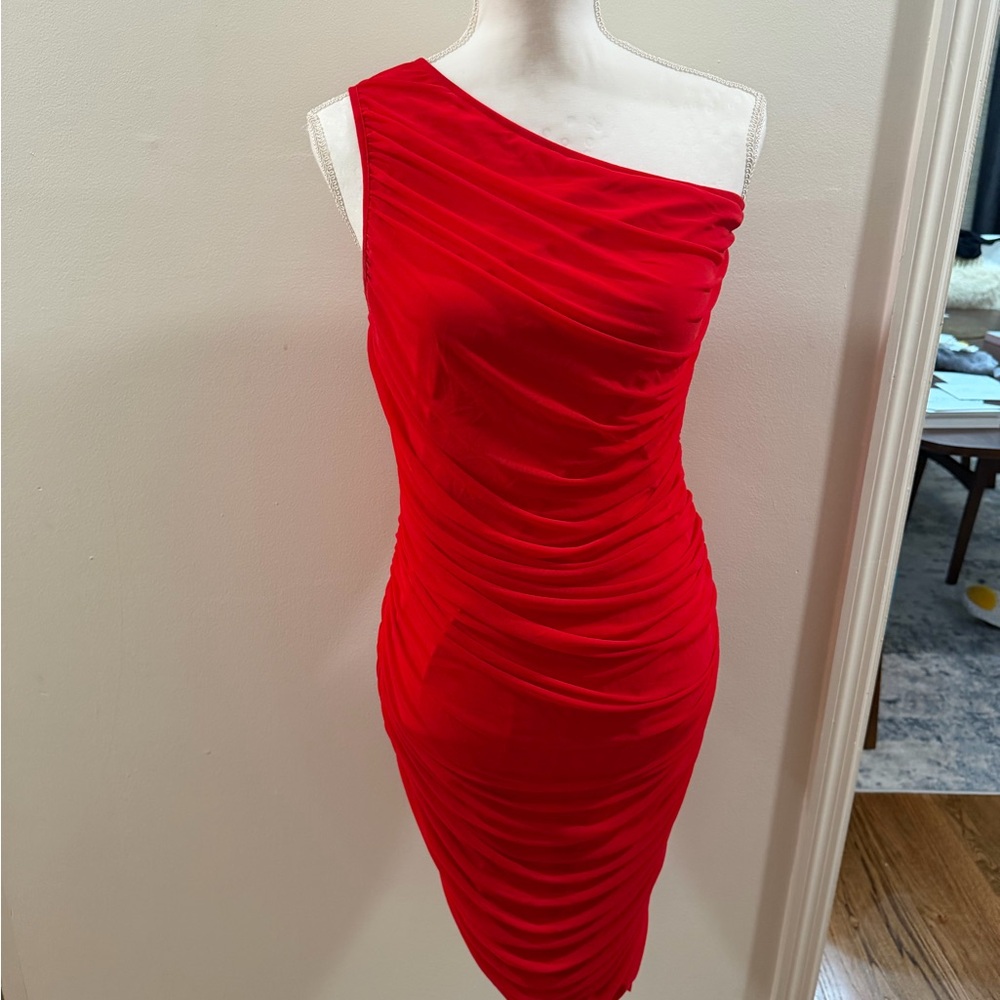 Red One-Shoulder Ruched Bodycon Dress